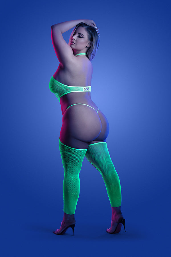 FL-GL2138 HIGH VOLTAGE UV reactive high neck bodystocking & g-string panty set