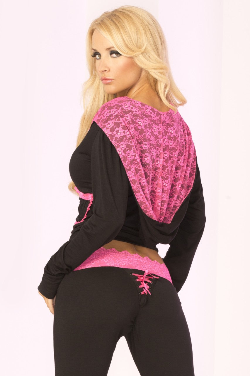 PL24009 Pink Lipstick Lace Hooded Rayon Short Jacket