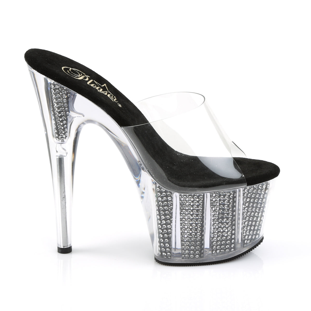 Pleaser ADORE-701SRS Clear / Black Simulated Rhinestones Rhinestone Platform Mules - 7 Inch Heels