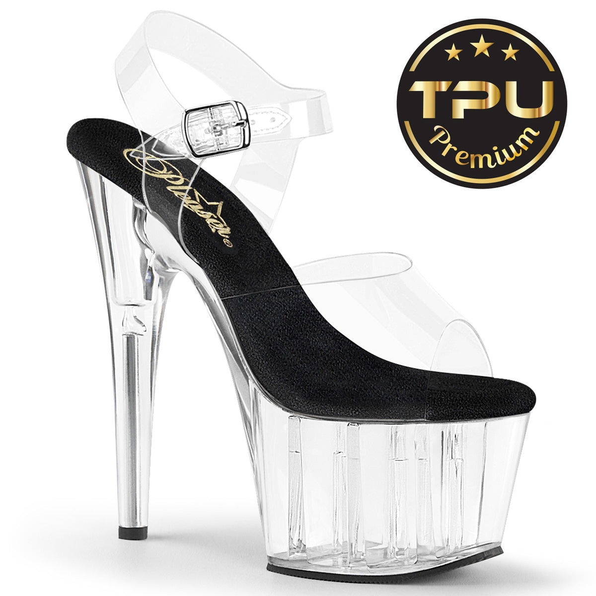 ADORE-708PREM Pleaser Clear Black 7 Inch Pole Dancer Platform Shoes