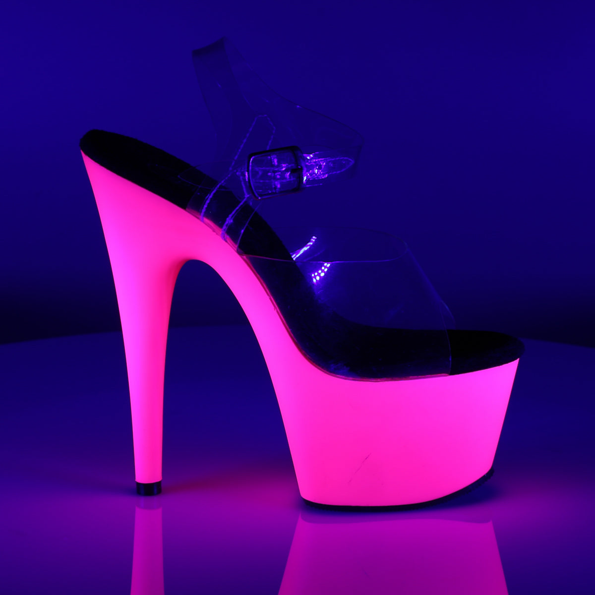 Pleaser ADORE-708UV Clear / Neon Pink Platform Sandals - 7 Inch Heels