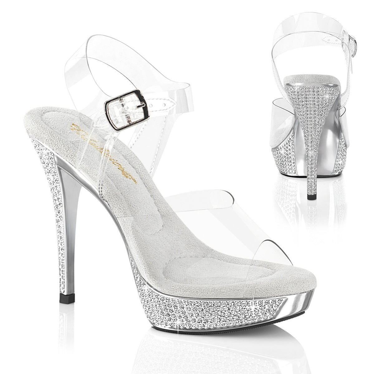 Fabulicious ATHENA-508 Clear/Silver Chrome Rhinestone Platform Sandals - 5 Inch Heels