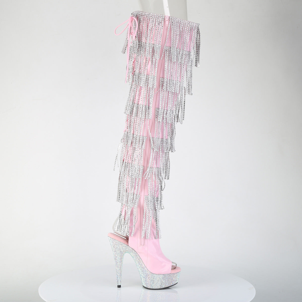 BEJEWELED-3017HG-RSF Pleaser Baby Pink Holo 6 Inch Showgirl Thigh High Boots