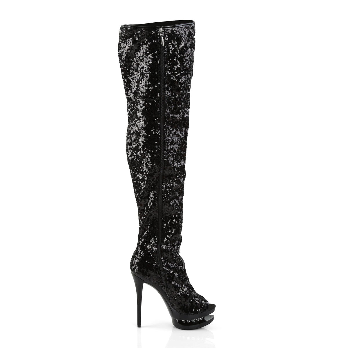 BLONDIE-R-3011 Pleaser Black Sequins 6 Inch Stratement Thigh Boots
