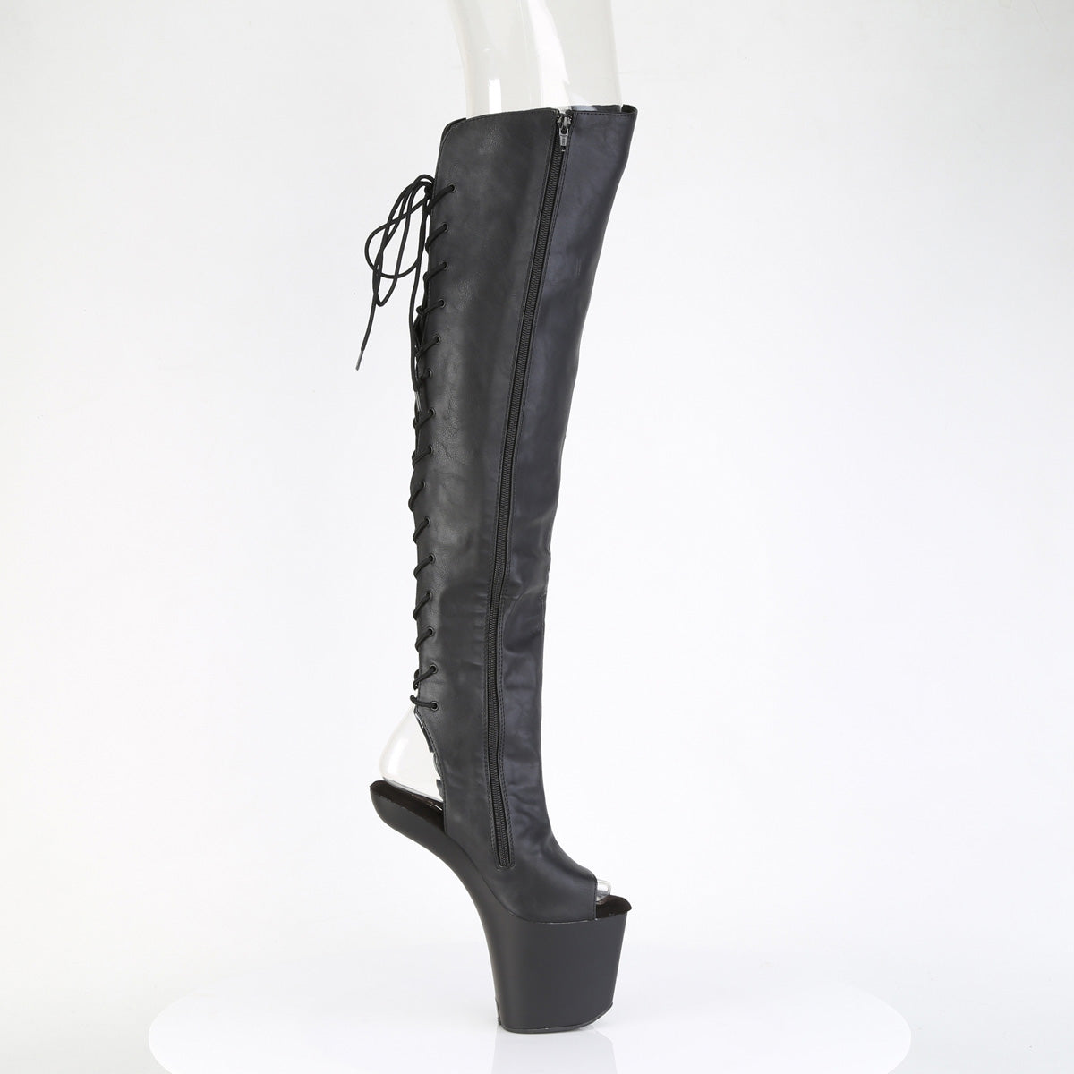 Pleaser CRAZE-3019 Black / Black Matte Lace-Up Open Toe Platform Over the Knee Boots - 8 Inch Heels