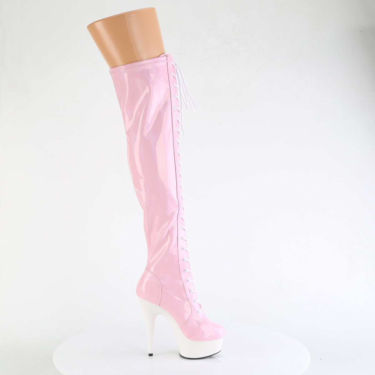 Pleaser DELIGHT-3029 Baby Pink Holographic / White Matte Lace-Up Platform Boots - 6 Inch Heels