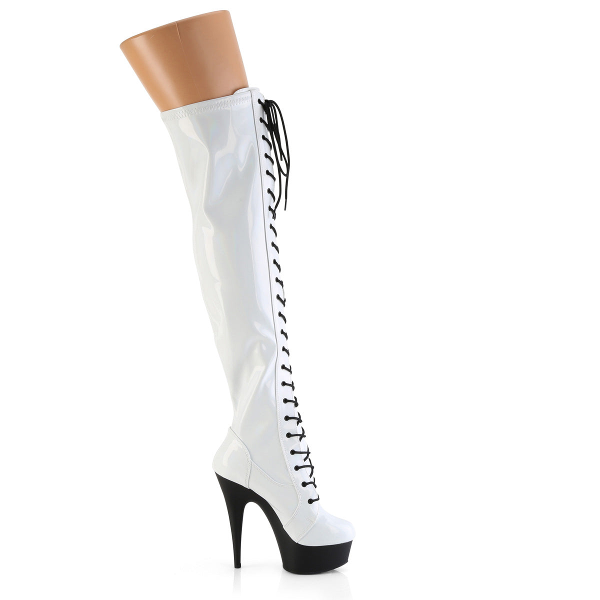 Pleaser DELIGHT-3029 White Holographic / Black Matte Lace-Up Platform Boots - 6 Inch Heels