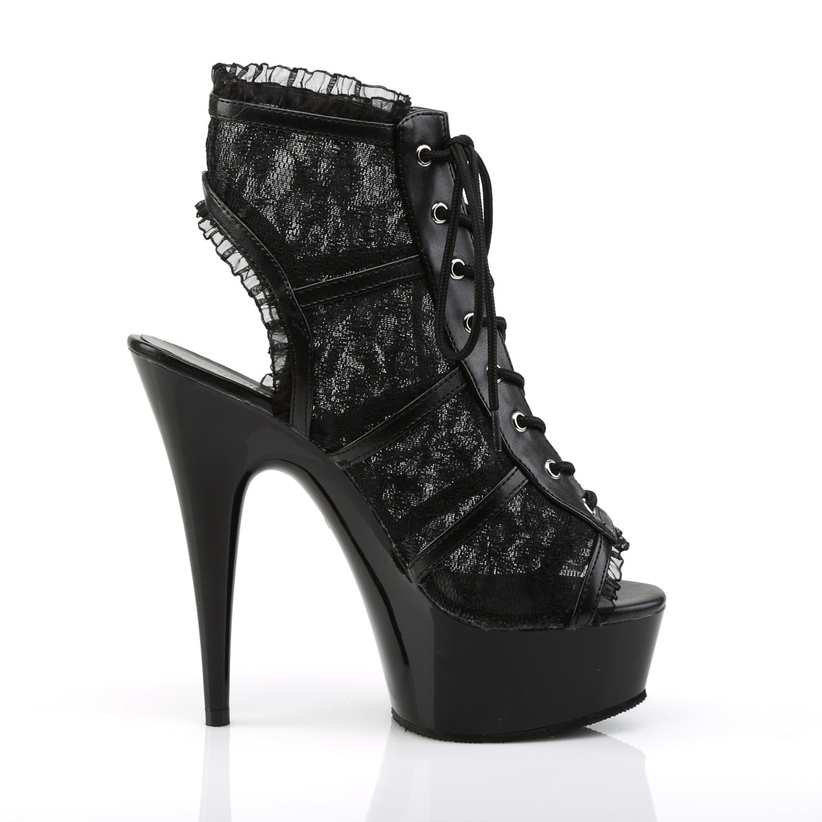 Pleaser DELIGHT-696LC Black -Lace / Black Lace-Up Open Toe Platform Boots - 6 Inch Heels
