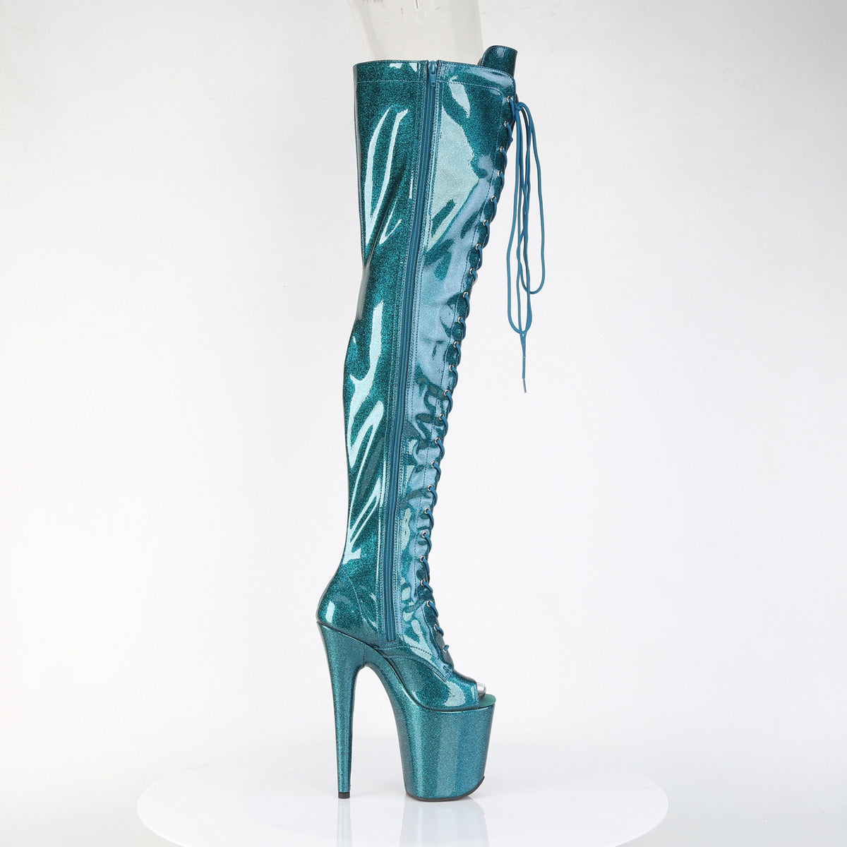 FLAMINGO-3021GP Pleaser Teal Glitter 8 Inch Platform Pole Thigh Length Boots