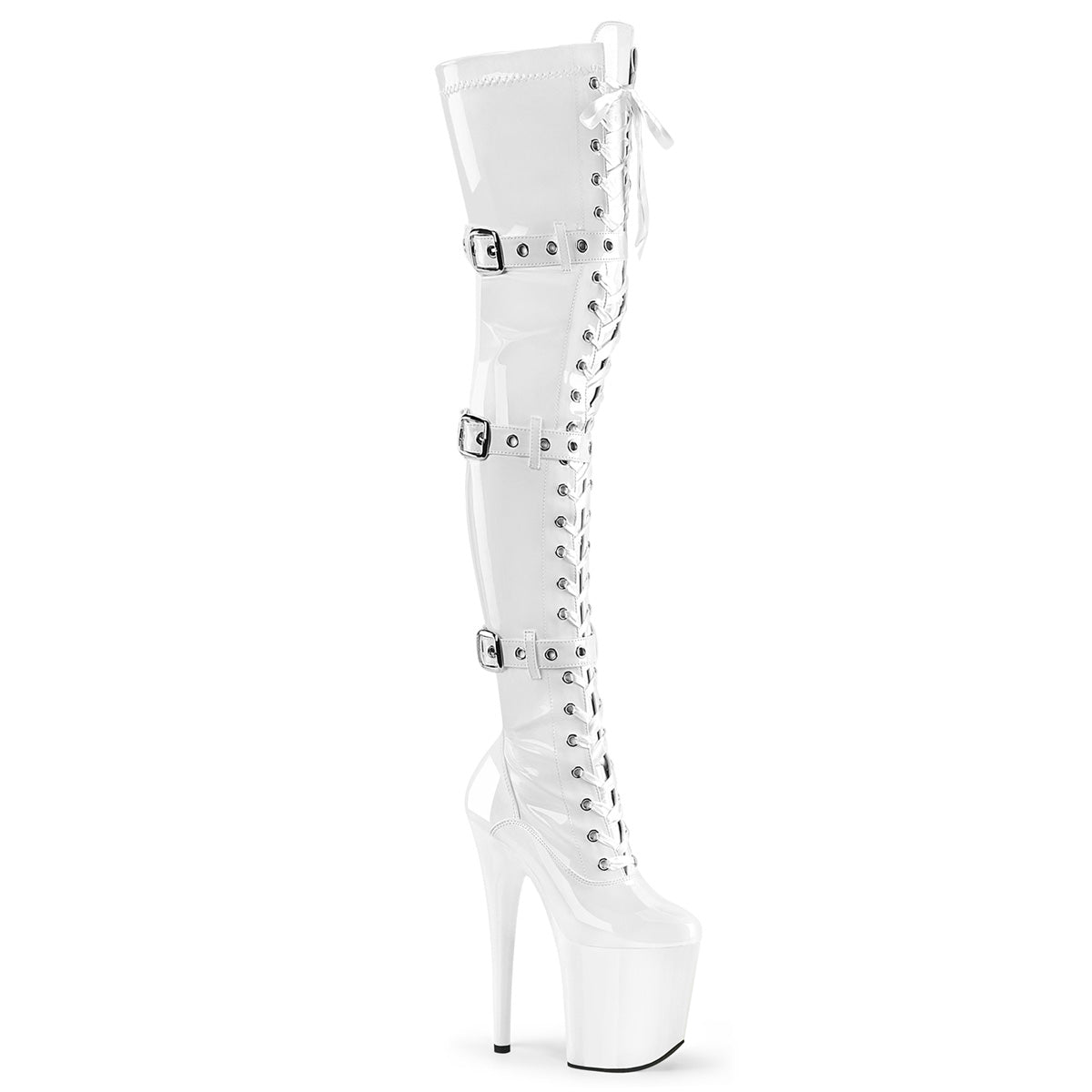 FLAMINGO-3028 Pleaser White 8 Inch Exotic Dance Thigh Length Boots Wht Str. Pat Wht