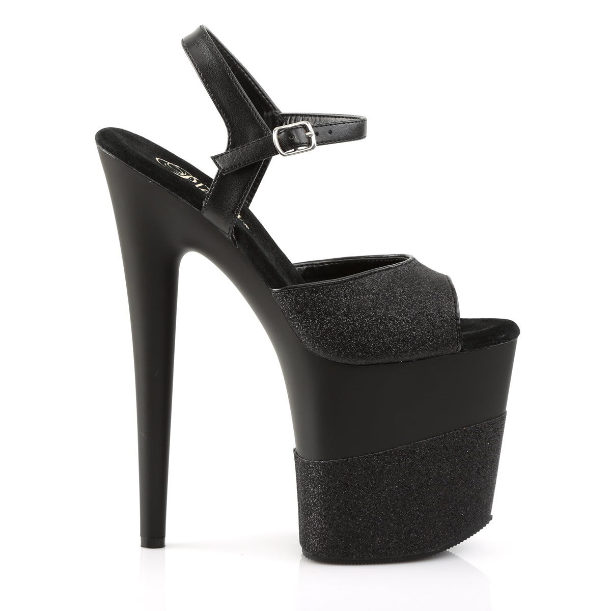 FLAMINGO-809-2G Pleaser Black Glitter 8 Inch Performance High Pole Heels