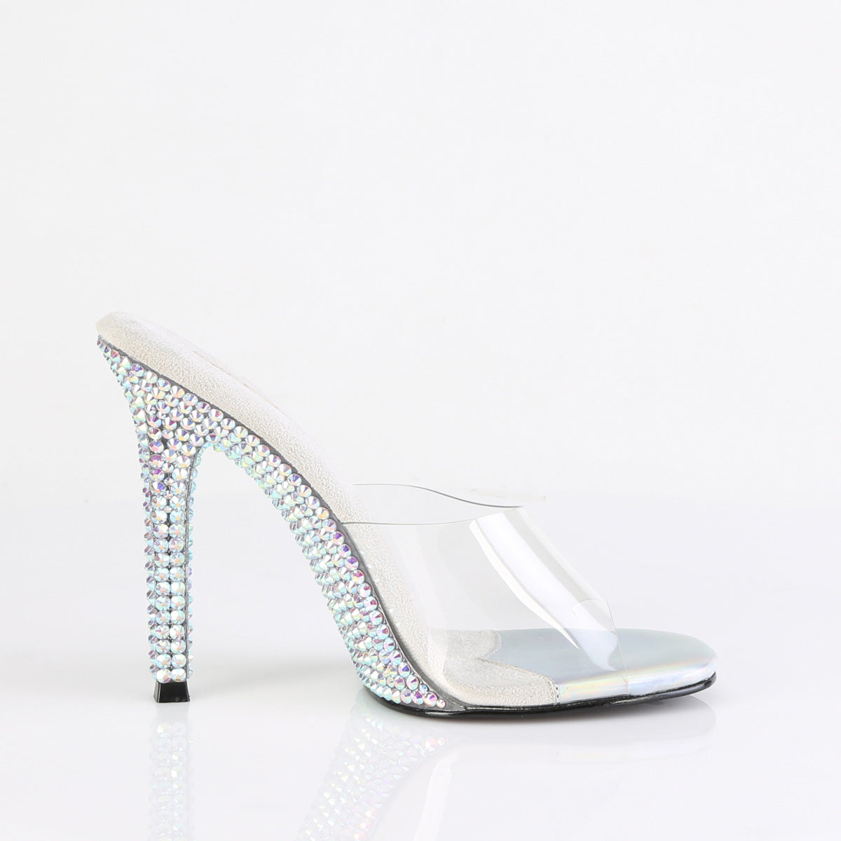 Fabulicious GALA-01DML Clear / Silver Aurora Borealis Rhinestones Rhinestone Mules - 4 1/2 Inch Heels