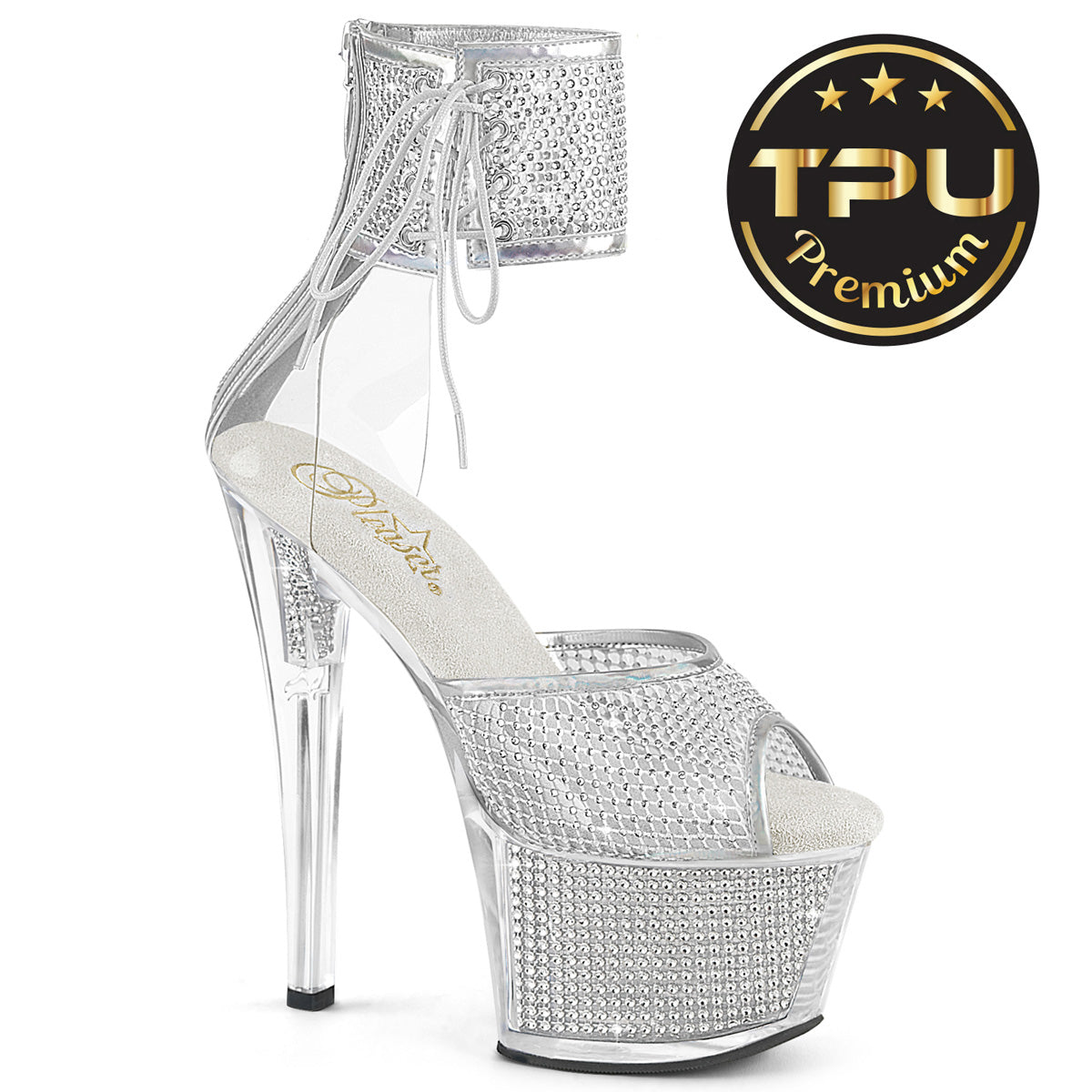 SKY-324PREM-RSNT Pleaser Clear Silver 7 Inch Fetish Pole Platform Shoes