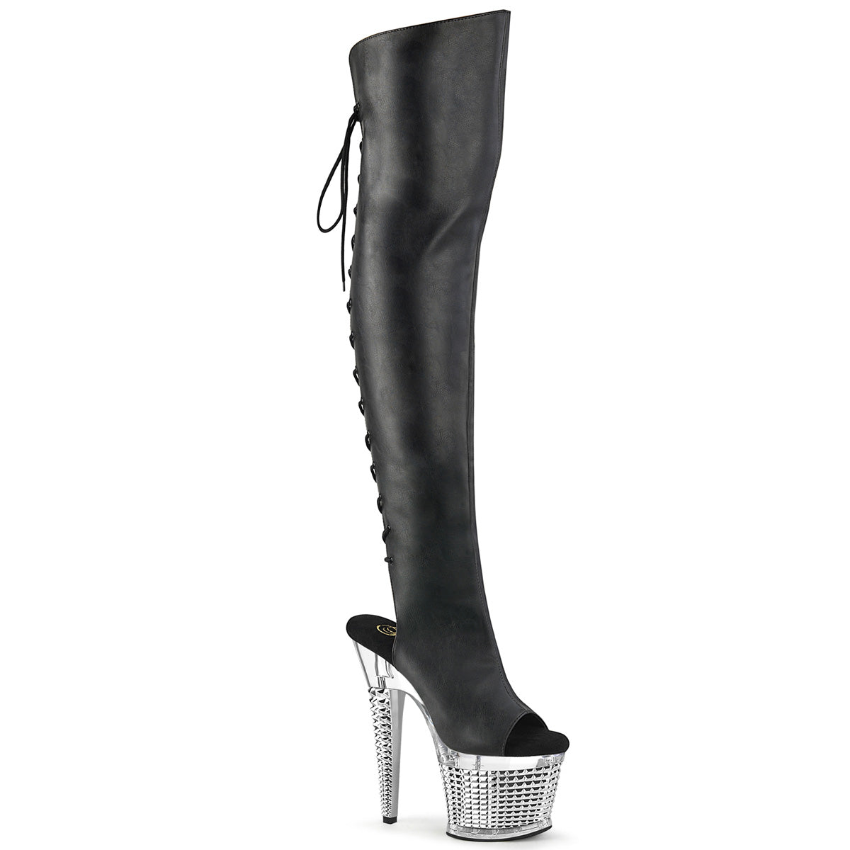 SPECTATOR-3019 Pleaser Black 7 Inch Exotic Dancing Thigh High boots Black Faxur Leather Clear-Silver Chrome