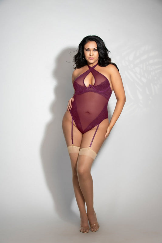 STM11295X Seven Til Midnight Lace & Mesh Teddy With Removable Shoulder Straps And Thong Back Wine