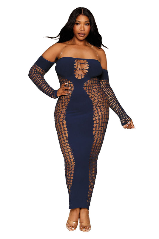 DG0486X Sexy Plus Size Seamless Bodystocking Gown with Removable Gold Halter Chain