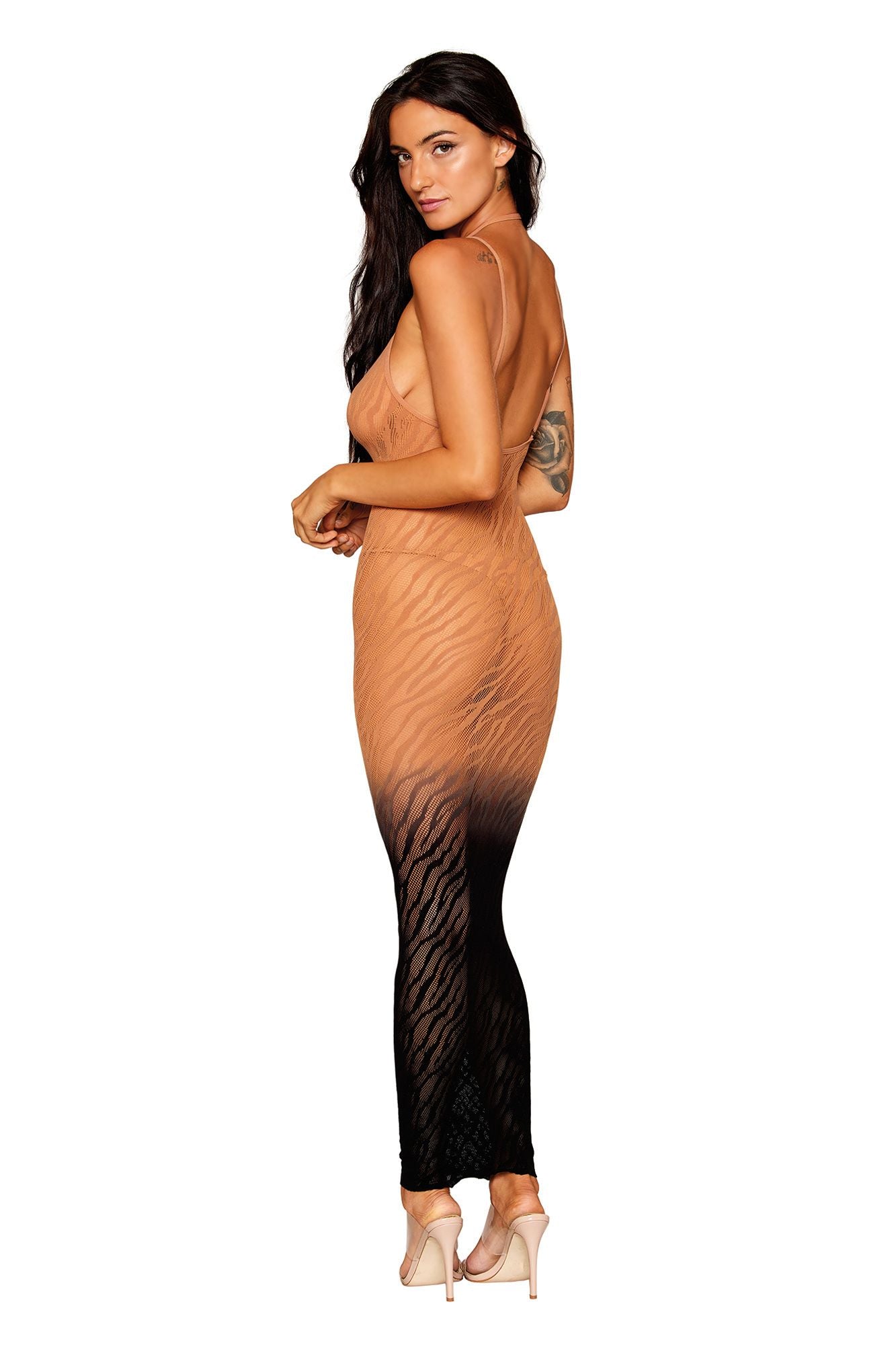 DG0488 Sexy Seamless Zebra Knit Design Bodystocking Gown with Two-Tone Ombre Color