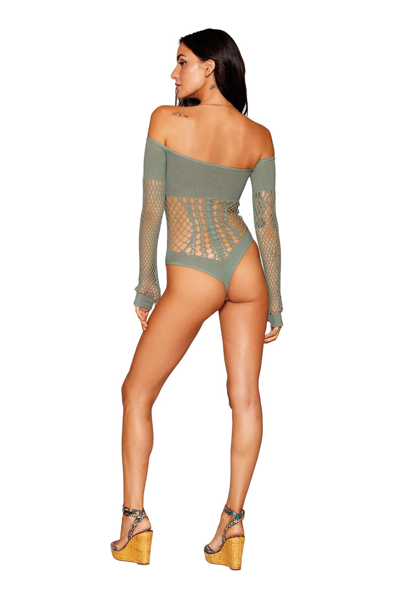 DG13269 Sexy Seamless Fishnet Long Sleeve Teddy