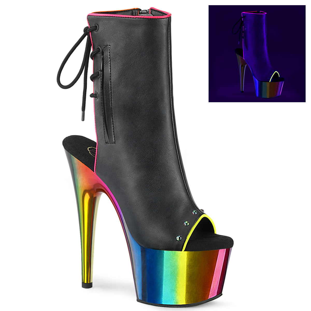 ADORE-1018RC-02 Strippers Heels Pleaser Platforms (Exotic Dancing) Blk Faux Leather/Rainbow Chrome