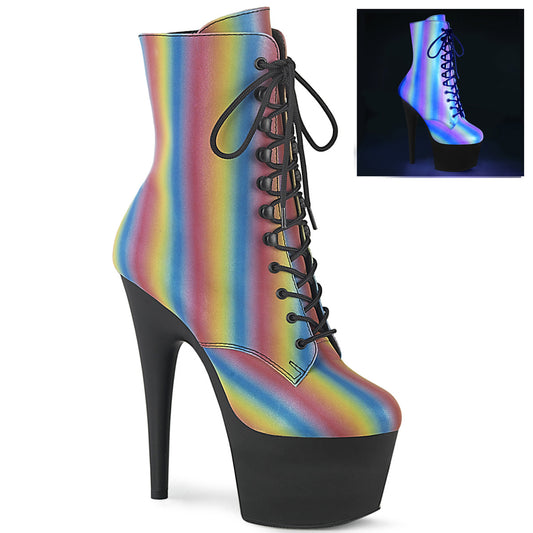 ADORE-1020REFL-02 Strippers Heels Pleaser Platforms (Exotic Dancing) Rainbow Reflective/Blk Matte