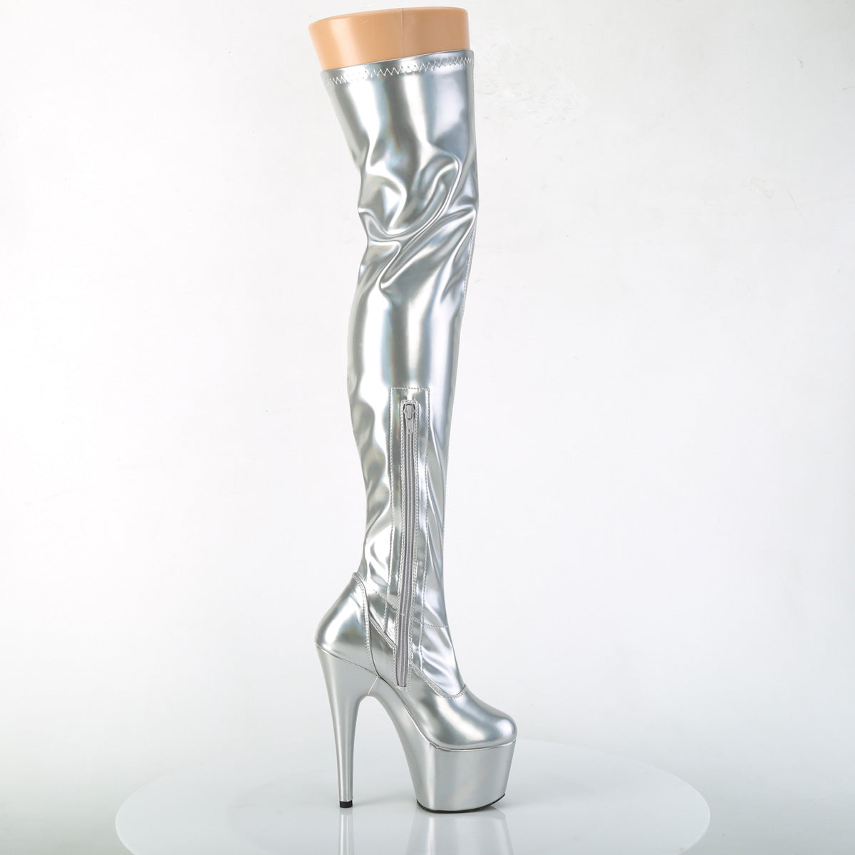 ADORE-3000HWR Pleaser Silver Stretch Holo/Silver Holo Platform Shoes [Thigh High Boots]
