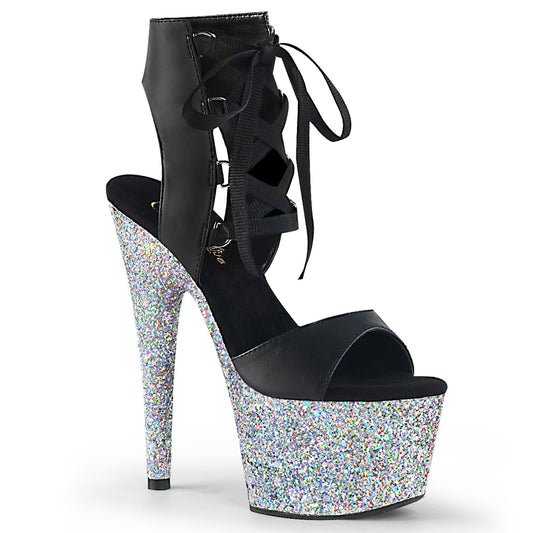 ADORE-700-14LG Strippers Heels Pleaser Platforms (Exotic Dancing) Blk Faux Leather/Slv Multi Glitter