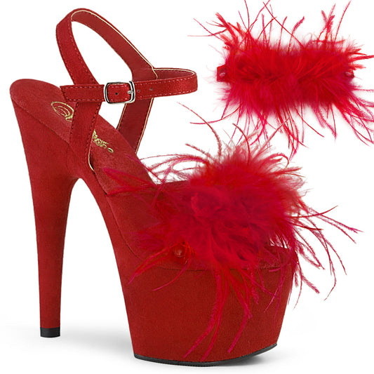ADORE-709F Strippers Heels Pleaser Platforms (Exotic Dancing) Red Faux Suede-Feather/Red Faux Suede