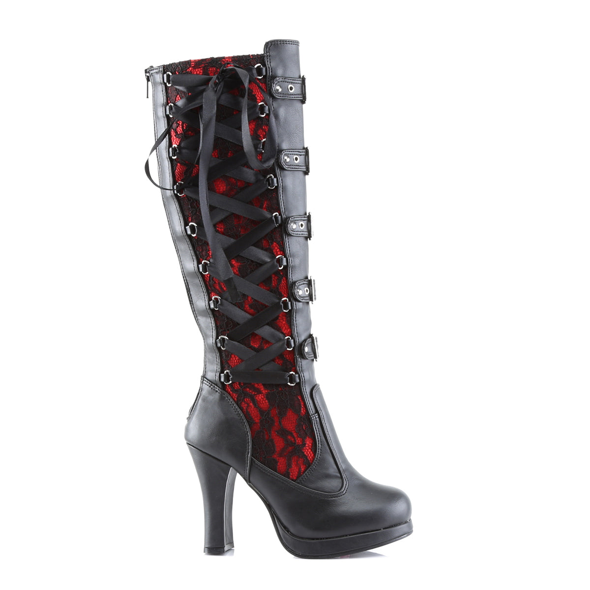 CRYPTO-106 Demonia Black-Red Vegan Leather Women's Mid-Calf & Knee High Boots [Demonia Cult Alternative Footwear]