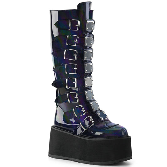 DAMNED-318 Alternative Footwear Demonia Women's Mid-Calf & Knee High Boots Blk Hologram Vegan Leather
