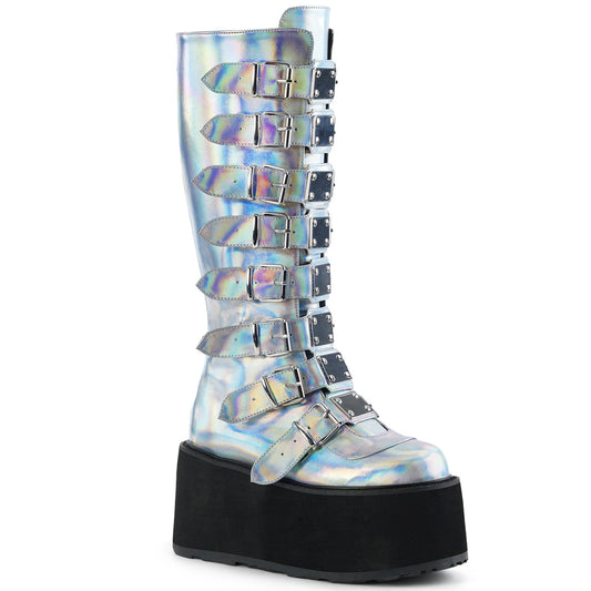 DAMNED-318 Alternative Footwear Demonia Women's Mid-Calf & Knee High Boots Silver Hologram Vegan Leather