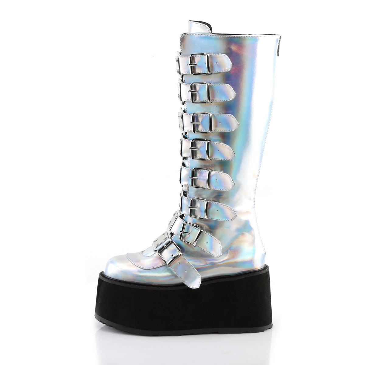 DAMNED-318 Demonia Silver Hologram Vegan Leather Women's Mid-Calf & Knee High Boots [Alternative Footwear]