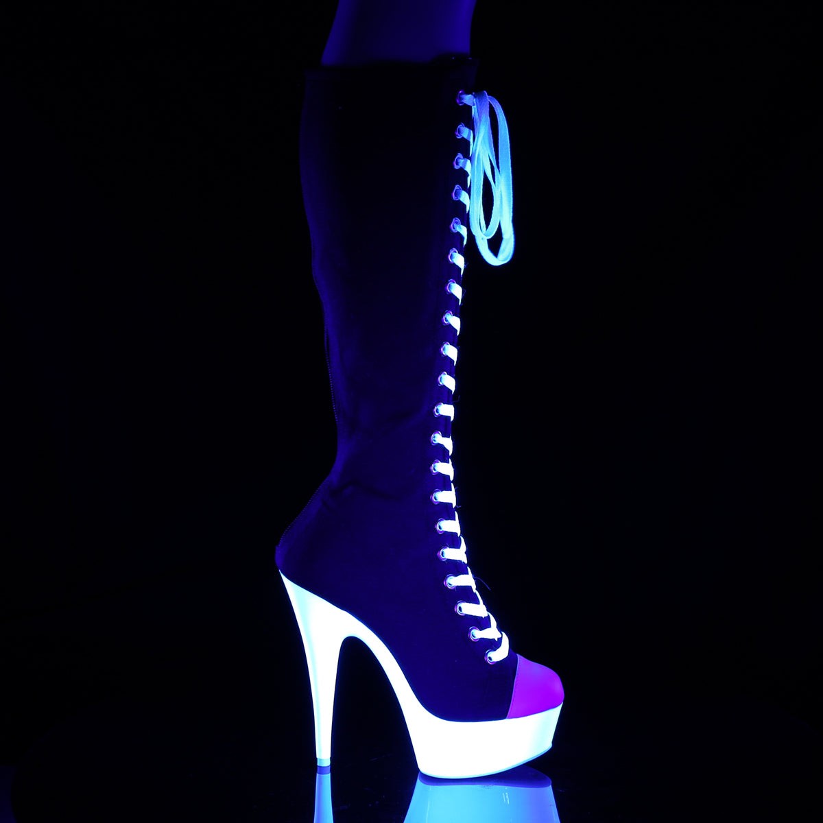 DELIGHT-2000SK-02 Pleaser Black Canvas-White Faux Leather/Neon White Platform Shoes [Sexy Knee High Boots]