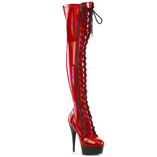 DELIGHT-3029 Pleaser Red Stretch Hologram Patent/Black Matte Platform Shoes [Thigh High Boots]