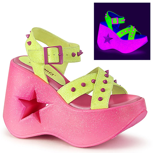 DYNAMITE-02 Alternative Footwear Demonia Women's Sandals Neon Yellow Glitter/Pink