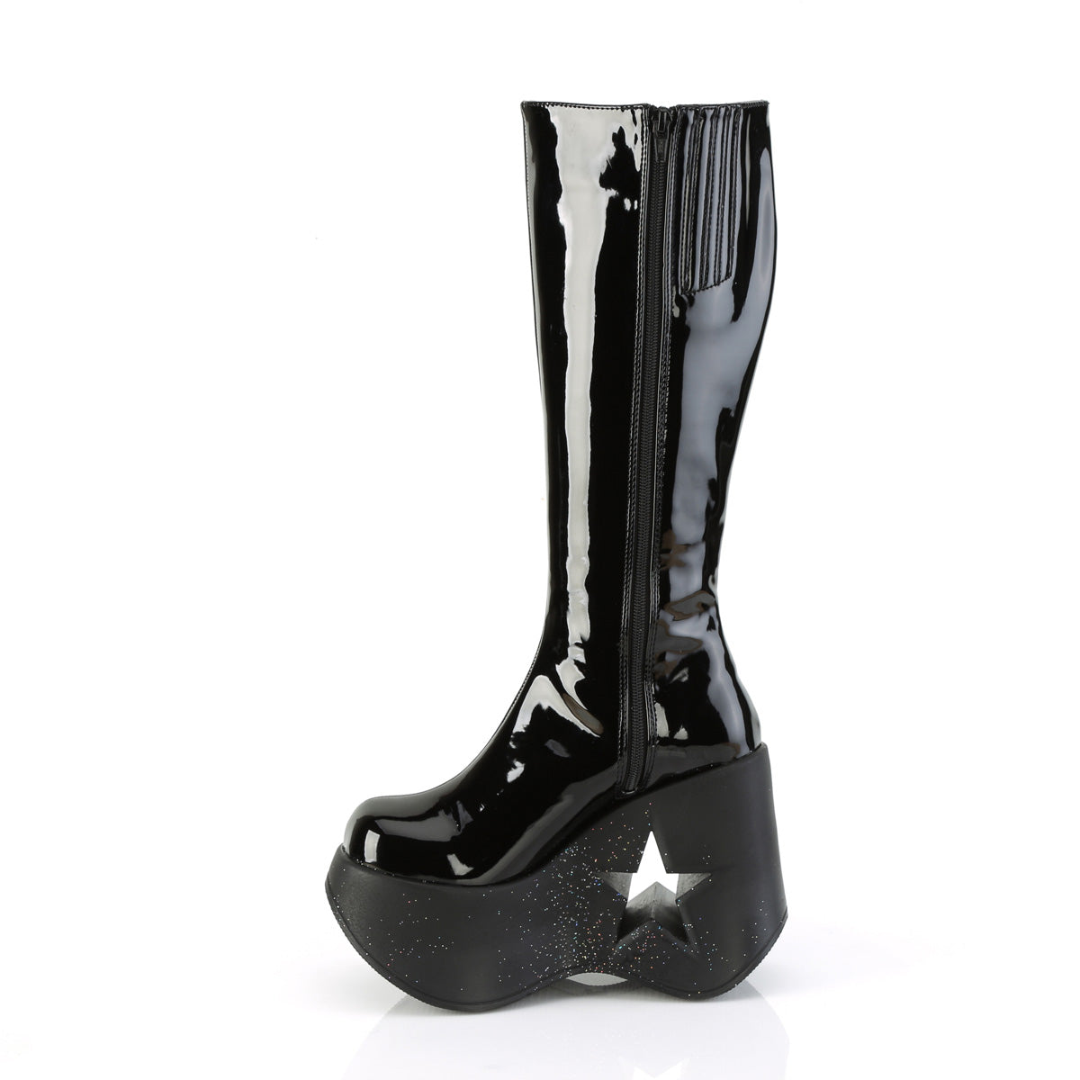 DYNAMITE-218 Demonia Black Patent-Black Multi Glitter Women's Mid-Calf & Knee High Boots [Demonia Cult Alternative Footwear]