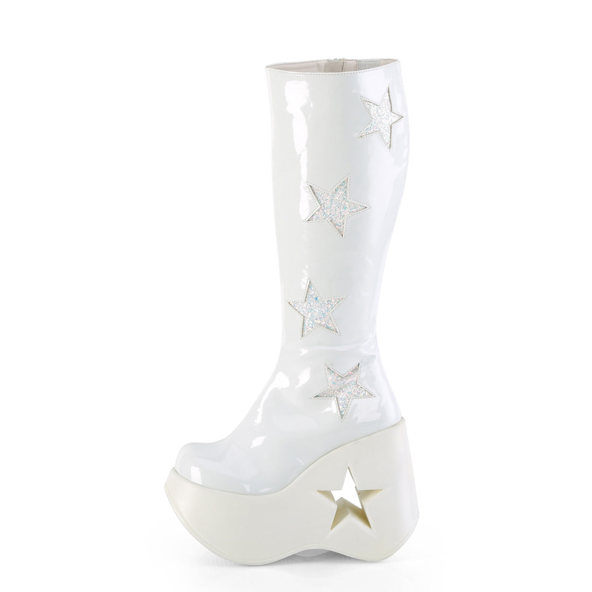 DYNAMITE-218 Demonia White Patent-White Multi Glitter Women's Mid-Calf & Knee High Boots [Demonia Cult Alternative Footwear]