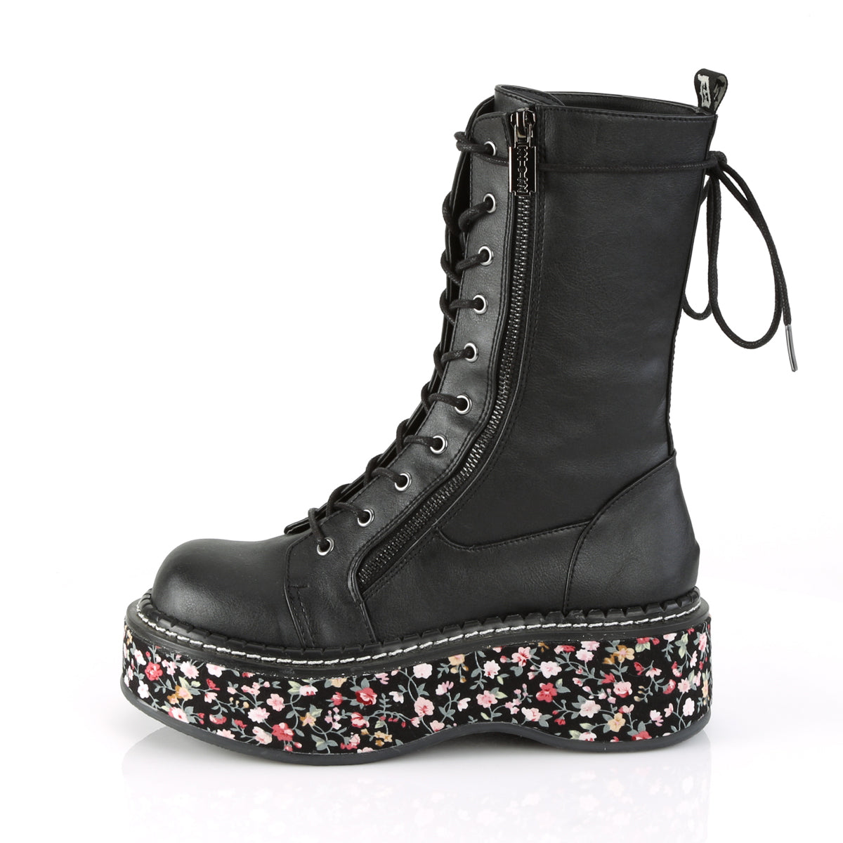EMILY-350 Demonia Black Vegan Leather-Floral Fabric Women's Mid-Calf & Knee High Boots [Demonia Cult Alternative Footwear]
