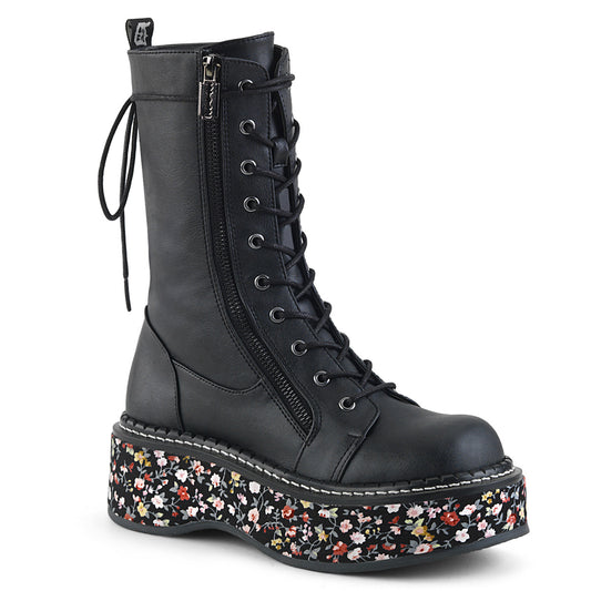 EMILY-350 Alternative Footwear Demonia Women's Mid-Calf & Knee High Boots Blk Vegan Leather-Floral Fabric