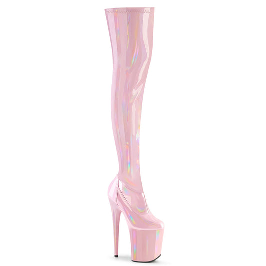 FLAMINGO-3000HWR Pleaser B Pink Stretch Holo/B Pink Holo Platform Shoes [Thigh High Boots]