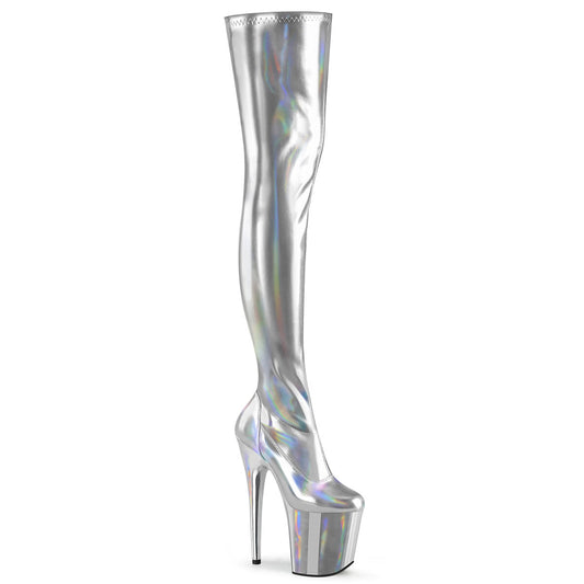 FLAMINGO-3000HWR Pleaser Silver Stretch Holo/Silver Holo Platform Shoes [Thigh High Boots]