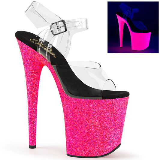 FLAMINGO-808UVG Strippers Heels Pleaser Platforms (Exotic Dancing) Clr/Neon H. Pink Glitter