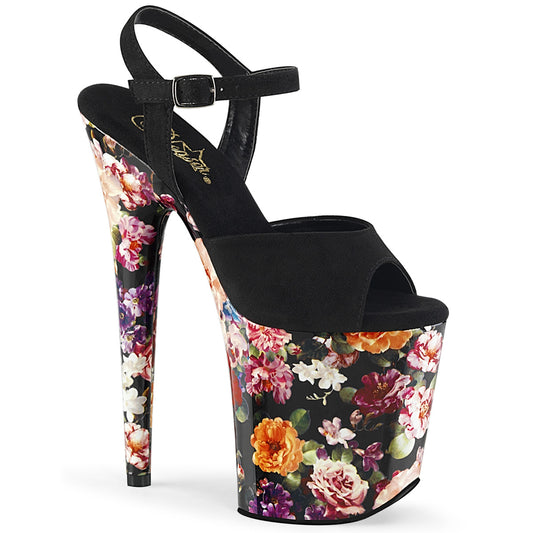 FLAMINGO-809WR Strippers Heels Pleaser Platforms (Exotic Dancing) Blk Faux Suede/Flower Print Wrapped