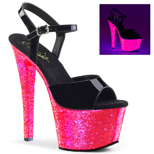 SKY-309UVLG Strippers Heels Pleaser Platforms (Exotic Dancing) Blk Pat/Neon H. Pink Glitter
