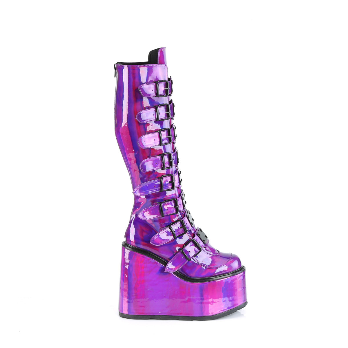 SWING-815 Demonia Purple Holographic Patent Women's Mid-Calf & Knee High Boots [Demonia Cult Alternative Footwear]