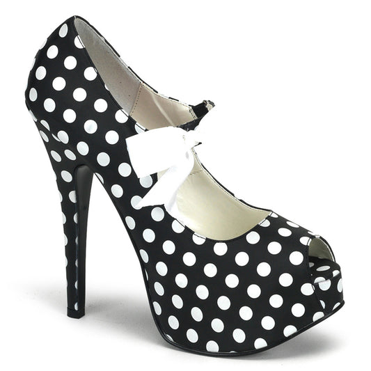 TEEZE-25 Pin Up Girl Shoes Bordello Shoes Blk Satin Pu-Wht (Polka Dots)