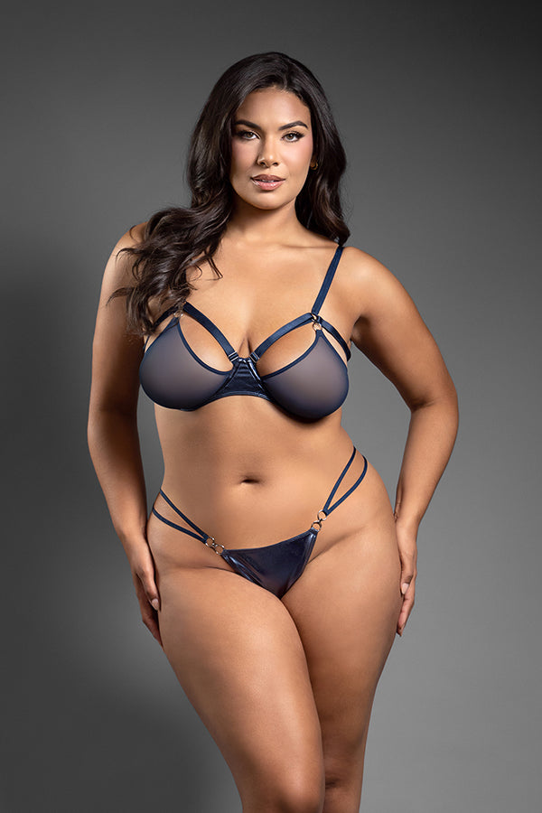 FL-2416 Navy Metallic cage bra with openable mesh cups and crotchless panty Queen Size Navy
