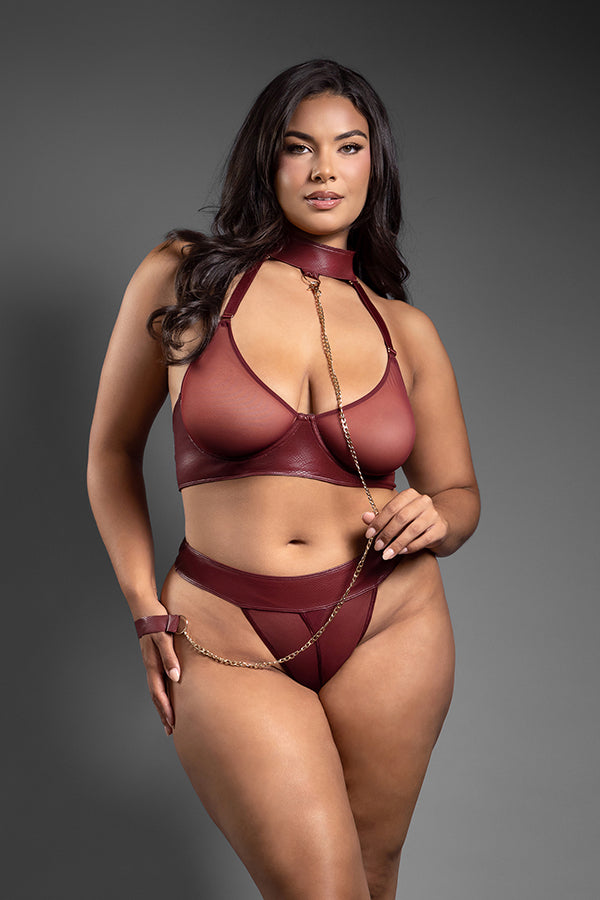 Fantasy Lingerie FL-2420 Burgundy Bra and Panty Crotchless Queen Size Burgundy
