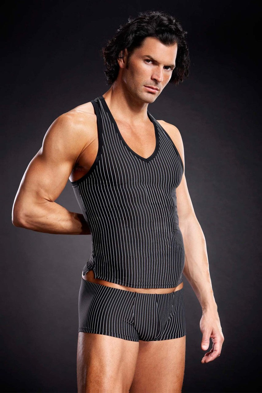 BLM006 Sexy Microfibre Racerback V-Neck Tank Blueline L XL Black White