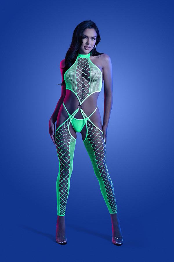 FL-GL2138 HIGH VOLTAGE UV reactive high neck bodystocking & g-string panty set