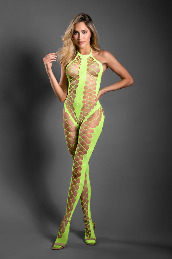 FL-SF1005 UNSTOPPABLE Crotchless rhinestone knit halter bodystocking